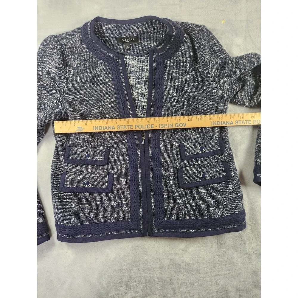 Talbots Women's Tweed Blazer Blue Trim Fitted Zipper Jacket Cotton Blend Size 6P